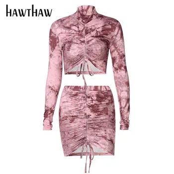 Hawthaw Moteris Rudens-Žiemos Ilgomis Rankovėmis Atspausdintas Plisuotos Apkarpyti Viršūnes Mini Sijonas Iš Dviejų Dalių Rinkinys, 2021 Moterų Drabužių Streetwear