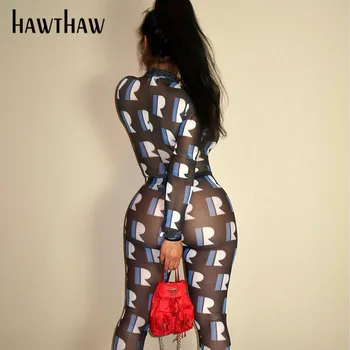 Hawthaw Moterys Vasarą Ilgomis Rankovėmis Atspausdintas Akių Matyti Per Bodysuit Ilgas Kelnes Dviejų Dalių Rinkinys, 2021 Moterų Drabužių Streetwear