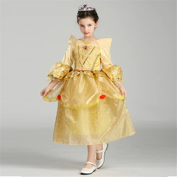 Helovinas Grožio ir Žvėrys Kostiumas Vaikų Mergaičių Princesė Belle Suknelė Spalvingas Blyksnius Pynimas Rankovės Suknelės Gimtadienio