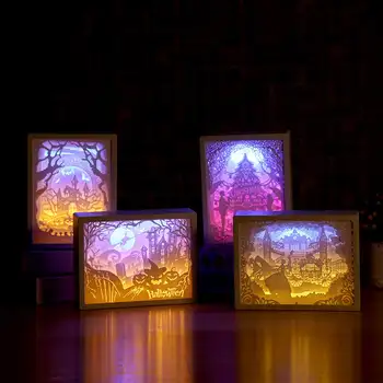 Helovinas Kalėdų 3D Popieriaus Drožyba Šviesos diodų (LED) Naktį Šviesos Naktiniai staleliai, Stalas Stalo Lempa Raižyti CreativeGifts Vaikų Miegamasis Namų Dekoro