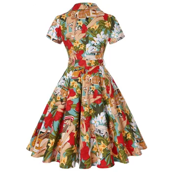 Hepburn Stiliaus Gėlių Spausdinti Vintage Drabužiai Moterims Retro Short Sleeve Lace-up Big Swing Suknelė 50s 60s Medvilnės Suknelė Su Diržu