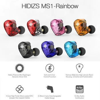 Hidizs MS1 Vaivorykštė HiFi Garso Dinamiškas, Diafragma, In-Ear Stebėti, ausinių IEM su Nuimamas Kabelis 2Pin 0.78 mm Jungtis