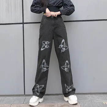 High Waisted Baggy Jeans Moterų Drugelis Spausdinti 2000-ųjų Estetinės Boyfriend Džinsai Tiesūs Kojų Kelnės Streetwear Ilgos Kelnės