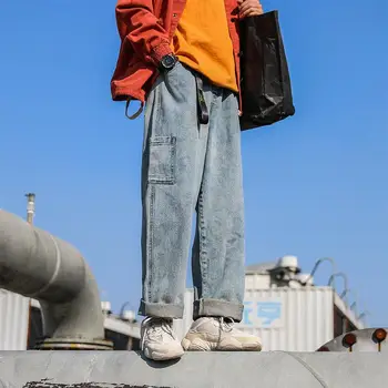 Hip-Hop Tiesūs Džinsai Vyrams 2019 M. Rudenį Streetwear Prarasti Pločio Kojų Vidurio Juosmens Kišenės Mėlyna Kulkšnies Ilgis Džinsinio Audinio Kelnės