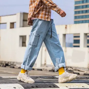 Hip-Hop Tiesūs Džinsai Vyrams 2019 M. Rudenį Streetwear Prarasti Pločio Kojų Vidurio Juosmens Kišenės Mėlyna Kulkšnies Ilgis Džinsinio Audinio Kelnės