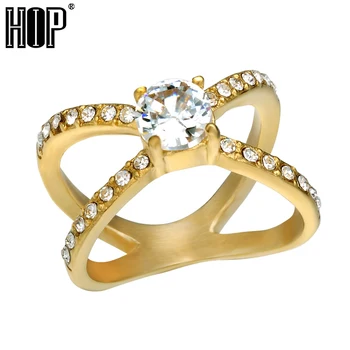 HIP-Hop Trumpą Klasikinės Kubinis Cirkonis Šalies Žiedai Lediniame Iš Bling Aukso Spalvos Titano, Nerūdijančio Plieno Žiedas Moterims, Papuošalai