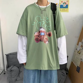 Honkongo stiliaus madingi ilgomis rankovėmis marškinėliai vyrų korėjos studentų gražus netikrą dviejų dalių viršūnes banga prekės prarasti laukinių guard drabužiai