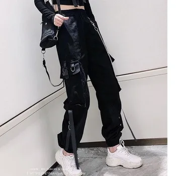 HOUZHOU Moterų Krovinių Kelnės Hip-Hop Streetwear Krovinių Femme, Mados Harajuku Grandinės Kelnės Moterims korėjos Stiliaus Juodos Haremo Kelnės