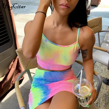 Hugcitar kaklaraištis dažų spausdinti camis skirt2 dviejų dalių komplektas 2019 m. vasaros moterų mados seksualus klubas šalies streetwear spalvinga komplektai