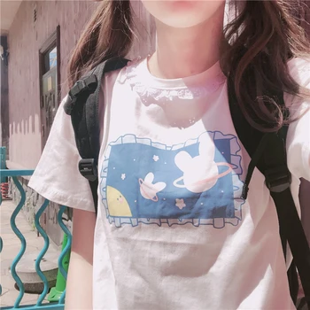 HWLZLTZHT Japonijos Minkštas Mergaitė Cute Kūdikių Buteliukas Trumpas Rankovės marškinėliai Tee Studentų Harajuku Prarasti Kawaii Medvilnės marškinėliai Topai