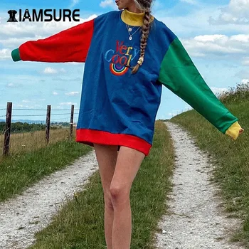 IAMSURE Streetwear Laiškas Spausdinti ilgomis Rankovėmis Atsitiktinis Palaidų Palaidinukė Moterų Rudenį Kratinys Negabaritinių Lady Mados Megztinis