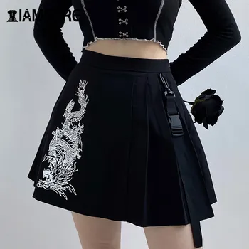 IAMSURE Streetwear Mados Dragon Spausdinti Plisuotos Kelnės Moterims Gothic Punk Stiliaus Aukšto Juosmens Moterų Mini Sijonai 2020 M. Vasarą