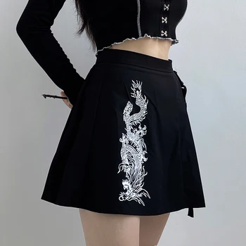 IAMSURE Streetwear Mados Dragon Spausdinti Plisuotos Kelnės Moterims Gothic Punk Stiliaus Aukšto Juosmens Moterų Mini Sijonai 2020 M. Vasarą