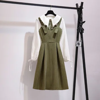 ICHOIX Moterų Dviejų dalių Rinkinys, Žalia Suknelė, Diržas+ Balta Palaidinė Rudenį Saldus Stilius Komplektus Mergina Studentas Dviejų dalių Kostiumai Suknelė