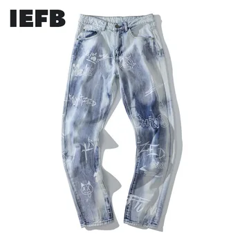 IEFB /vyriški drabužiai mados džinsus grafiti kaklaraištis dažyti Tiesūs džinsai high street korėjos hip-hop derliaus džinsinio audinio kelnės 9Y3506
