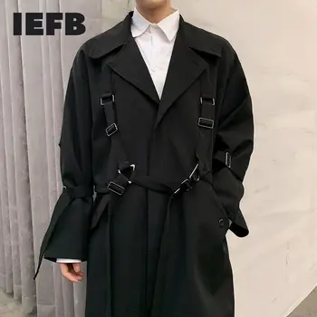 IEFB /vyriški drabužiai pavasario tendencija asmenybės dirželis funkcija stiliaus juodas ilgas kailis atsitiktinis švarkelis vyrų 2021 nauji didelio dydžio Y3273