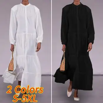 Ilgas Chalatas, Balta Suknelė Moterims'Spring ilgomis Rankovėmis Atsitiktinis Suknelė 2021 VONDA Moterų Derliaus Kietas Sundress Plus Size Vestidos S-5XL