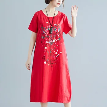 Ilgi Marškinėliai-Suknelė Moterims Medvilnės, Siuvinėta Suknelė Plius dydžio Elegantiškas Vasaros Atsitiktinis Raudona Kieta spalva
