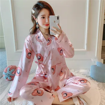 Ilgomis Rankovėmis Šilko Pižama Nustatyti Kimono Stiliaus Spausdinti Sleepwear Naujų Rudens Moterims Naktiniai Drabužiai Laisvalaikio Namuose Medžiaga Minkšta Patogi Pižama