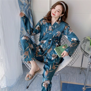 Ilgomis Rankovėmis Šilko Pižama Nustatyti Kimono Stiliaus Spausdinti Sleepwear Naujų Rudens Moterims Naktiniai Drabužiai Laisvalaikio Namuose Medžiaga Minkšta Patogi Pižama