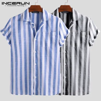 INCERUN Dryžuotas Atsitiktinis Marškinėliai Vyrams trumpomis Rankovėmis Mygtuką Iki 2021 M. Vasaros Laisvalaikio Mados Prekės ženklo Marškinėliai Vyrams Camisa Masculina Streetwear
