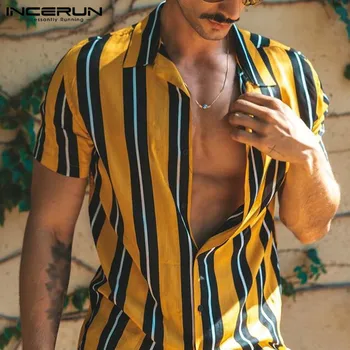 INCERUN Vyrų Atsitiktinis Dryžuotas Marškinėliai trumpomis Rankovėmis Pasukite Žemyn Apykaklės Streetwear Camisas Vasaros Mados Paplūdimio Havajų Marškinėliai Vyrai 7