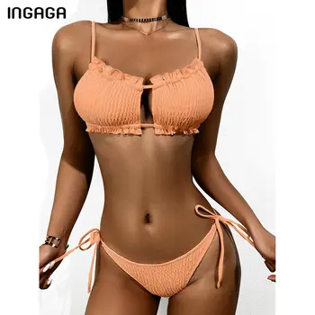 INGAGA Push Up Bikini maudymosi kostiumėlį Iškirpti maudymosi Kostiumėliai Moterims Seksualus Pynimas Biquini String Lankas Maudymosi Kostiumai 2021 Naujas Ruched Paplūdimio