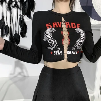 InsDoit Punk Metalo Ratas Juodos spalvos moteriški marškinėliai Goth Harajuku Tuščiaviduriai Iš ilgomis Rankovėmis Spausdinti marškinėliai Streetwear Gotikos Drabužių