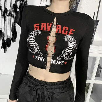 InsDoit Punk Metalo Ratas Juodos spalvos moteriški marškinėliai Goth Harajuku Tuščiaviduriai Iš ilgomis Rankovėmis Spausdinti marškinėliai Streetwear Gotikos Drabužių