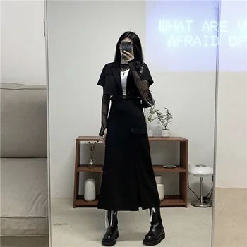 InsGoth Harajuku Vintage Juodas Ilgas Sijonas Goth Punk Aukšto Juosmens Ritininės Sijonai Moterims Streetwear Didelis Kišenėje Komplektus Sijonas Rudenį 2020 M.