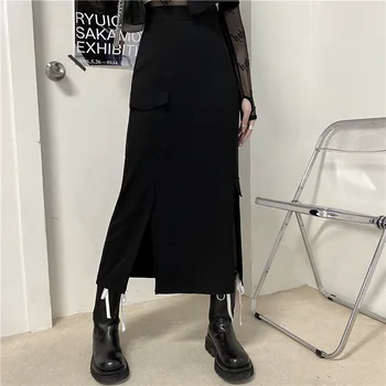 InsGoth Harajuku Vintage Juodas Ilgas Sijonas Goth Punk Aukšto Juosmens Ritininės Sijonai Moterims Streetwear Didelis Kišenėje Komplektus Sijonas Rudenį 2020 M.