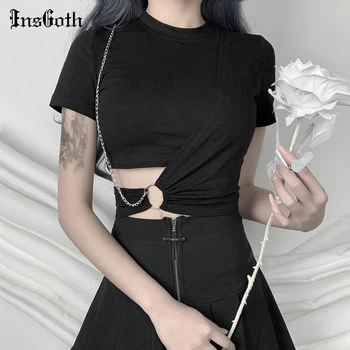 InsGoth Streetwear Black marškinėliai Moterims Harajuku Punk Tees Gotikos Seksualus Tuščiaviduriai Iš Viršūnės Vasaros Mados