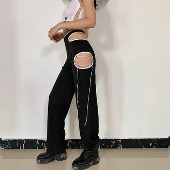 InsGoth Streetwear Seksualus Tuščiaviduriai Iš Juodos Kelnės Harajuku Gotikos Tvarstis Aukšto Liemens Kelnės Moterims Rudenį Atsitiktinis Gatvės Kelnės