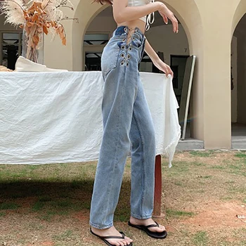 Instagram mados seksualus grandinės džinsai dizaino jausmas temperamentas aukšto juosmens tiesus vamzdis kelnes mažumų madingų moterų vasara