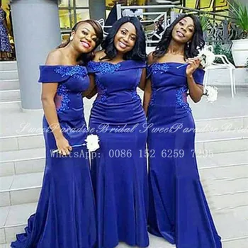 Išskirtinį Appliques Undinė Bridesmaid Dresses 2021 Ilgai Royal Blue Afrikos Moterų Off Peties Vestuvės Dress Suknelė Vestidos