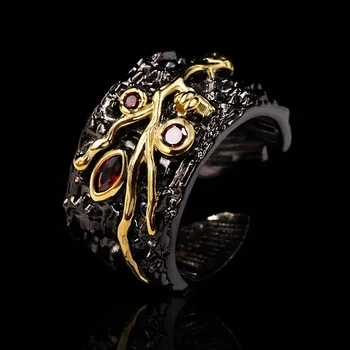 Išskirtinį ir Unikalų Bohemijos Juodojo Aukso Geometrinis Tuščiaviduriai Atidaryti Žiedas Raudonas Cirkonis Filialas Žiedas Haute Couture Pora Šalis Žiedas