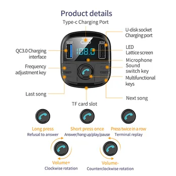 JaJaBor Auto FM Siųstuvas Bluetooth 5.0 CarKit MP3 Garso Muzikos Grotuvo laisvų Rankų įranga, Tipas C Įkrovimo Greitai Įkrauti QC3.0 Automobilinis Įkroviklis