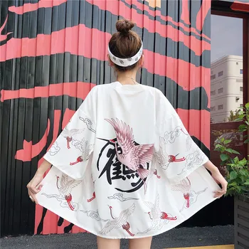 Japonija Stiliaus Katė Spausdinti moterų Streetwear Kimono Megztinis Skraiste moterų Unisex Japonijos Tendencija Kimonos Azijos Drabužiai