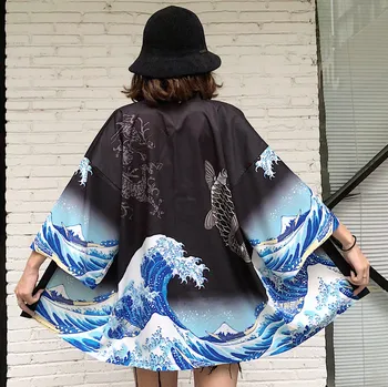 Japonija Stiliaus Katė Spausdinti moterų Streetwear Kimono Megztinis Skraiste moterų Unisex Japonijos Tendencija Kimonos Azijos Drabužiai
