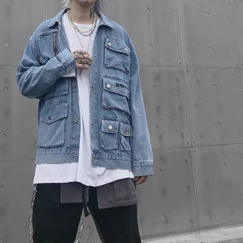 Japonijos derliaus daug kišenėje atsitiktinis mens jean striukė funkcija vėjas darbo drabužių mados streetwear homme kailis