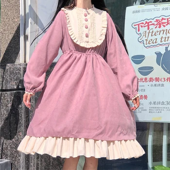 Japonijos Harajuku Saldus Lolita Dress Moterų Kawaii Raukiniai Ilgomis Rankovėmis Šalis Suknelė Mergaitėms Derliaus Mielas O-Kaklo Suknelė 2020 M. Rudenį
