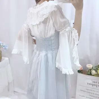 Japonijos kawaii girl lolita nėrinių palaidinė off peties rankovėmis varpo viktorijos marškinėliai šifono gothic lolita top loli cosplay