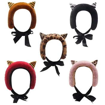 Japonijos Moterų Žiemos Tirštėti Fuzzy Pliušinis Earmuffs Lankelis Cute Kačių Ausys Nėriniai-Up Bowknot Earflap Hairband Ausies Šilčiau