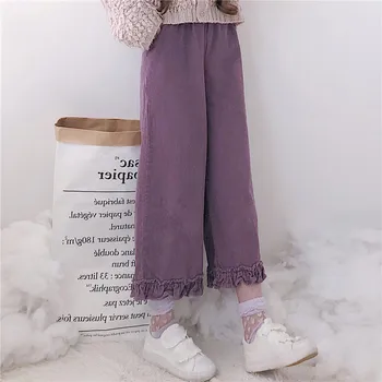 Japonijos Rudenį, Žiemą Moterys Lolita Stiliaus Kelnės Chaki Violetinė Velvetas Pločio Kojų Kelnės Preppy Mokyklos Mergina Mielas Kawaii Raukiniai Capris