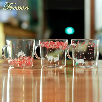 Japonijos Sakura Stiklo Kavos Puodelis Cute Kačių, Elnių Triušis Arbatos Puodelis 280ml Karščiui Atsparus Stiklas Arbatos Puodelio Tarnaitė Kavos Puodelio Drinkware