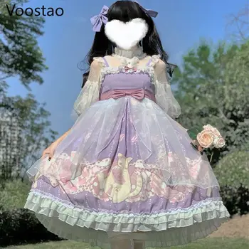 Japonijos Saldus Lolita Dress Minkštas Mergina Mielas Animacinių Filmų Katės Spausdinti Jsk Lolita Dress Moterų Harajuku Elegantiškos Nėrinių Tiulio Lankas Arbata Šalis Suknelė