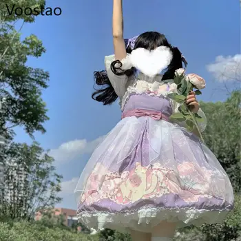 Japonijos Saldus Lolita Dress Minkštas Mergina Mielas Animacinių Filmų Katės Spausdinti Jsk Lolita Dress Moterų Harajuku Elegantiškos Nėrinių Tiulio Lankas Arbata Šalis Suknelė