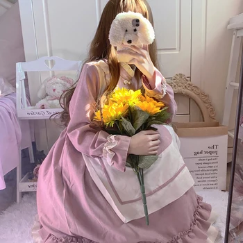 Japonijos Saldus, Minkštas Girl Lolita Suknelė Moterims, Pavasarį, Rudenį Harajuku Mielas Sujungimas Spalvos Ilgomis Rankovėmis Raukiniai Arbata Šalis Suknelės