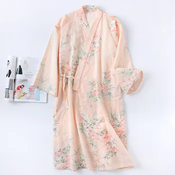 Japonų Kimono Yukata Chalatas Suknelė Padažu Moterų Medvilnės Marlės, Sleepwear Prakaito Garų Namuose Dėvėti Rožinės spalvos Pižamą Nightdress