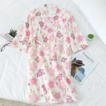 Japonų Kimono Yukata Chalatas Suknelė Padažu Moterų Medvilnės Marlės, Sleepwear Prakaito Garų Namuose Dėvėti Rožinės spalvos Pižamą Nightdress